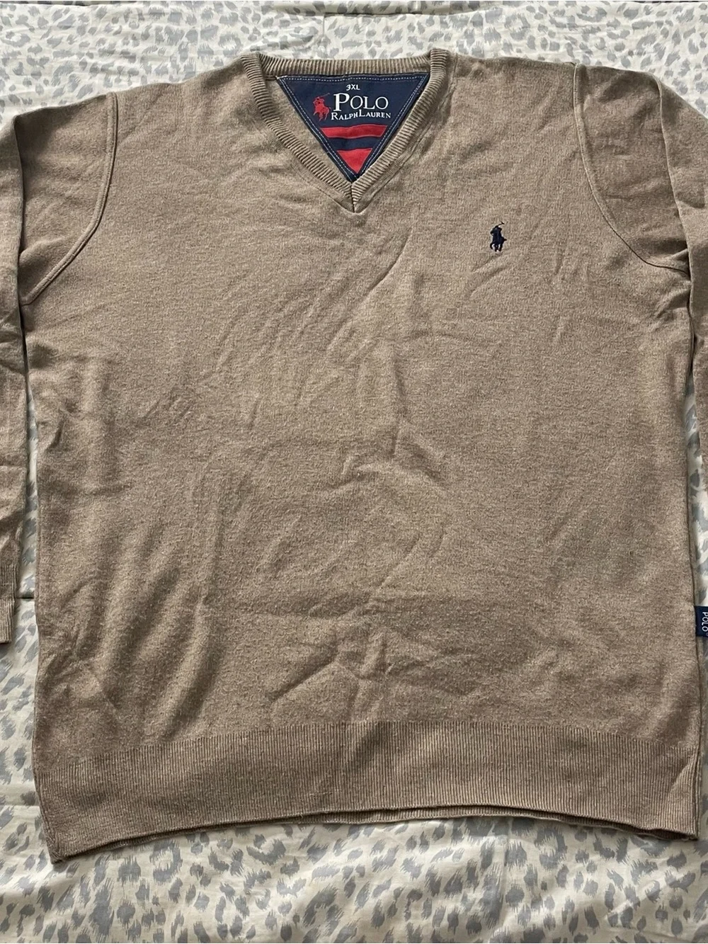 Polo by Ralph Lauren Men’s V-Neck Sweater — Khaki with Navy Logo